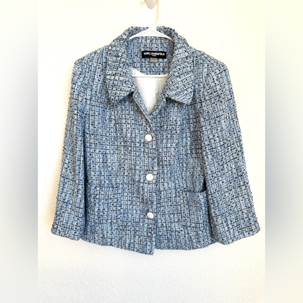 Karl Lagerfeld Paris Blue tweed Blazer jacket Skirt Set size‎ 14 like NEW